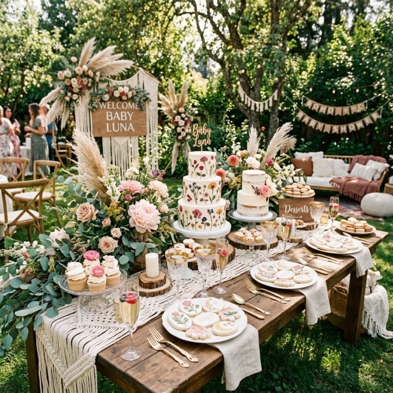 15 Stunning Boho Floral Baby Shower Dessert Table Ideas