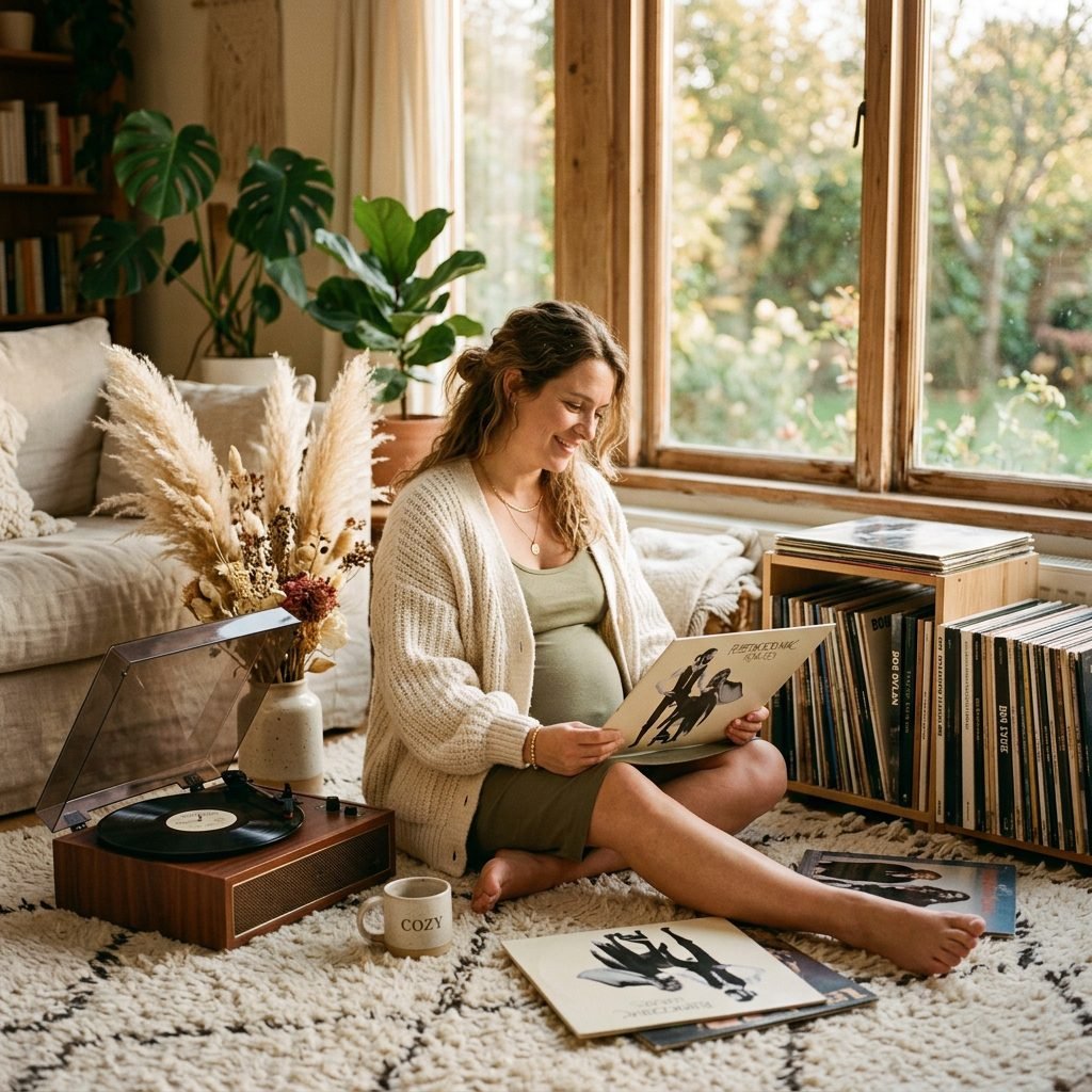 Cozy Vintage Vinyl Record Player Maternity Photoshoot Ideas for Music-Loving Parents
