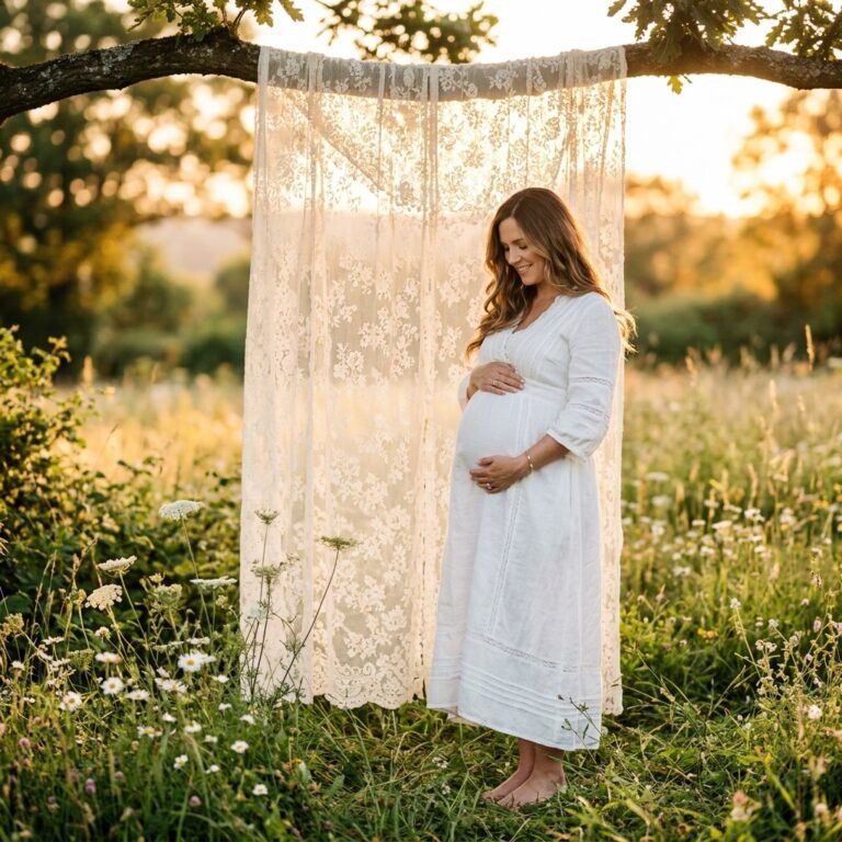 DIY Lace Sheet Backdrop: Elegant Outdoor Maternity Photos on an iPhone