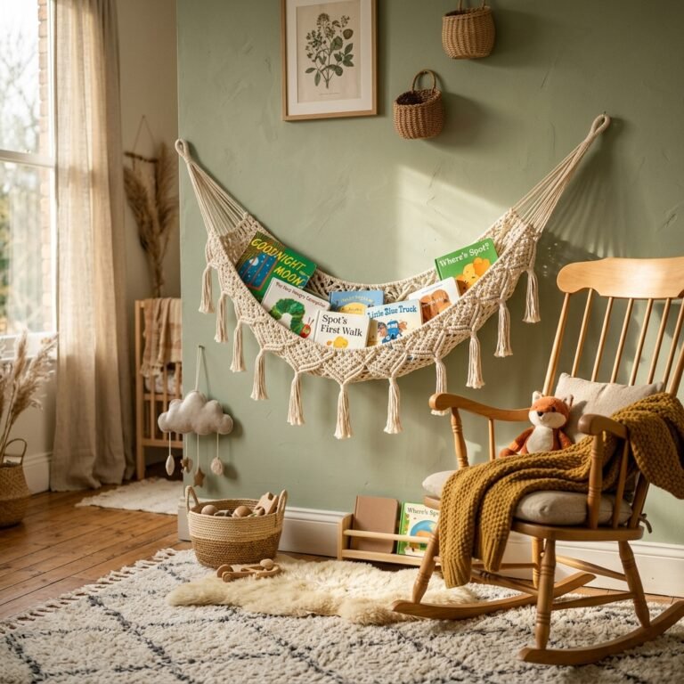 DIY Macrame Hanging Book Hammock: A Whimsical Small-Space Nursery Storage Solution