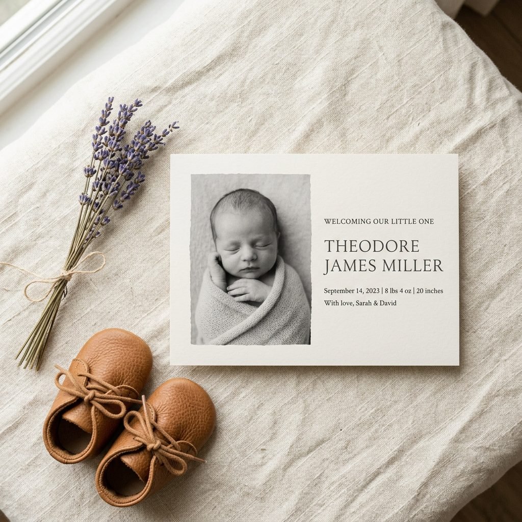 Elegant and Minimalist Photo Birth Announcement Cards to Send to Family