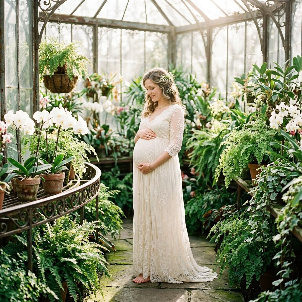 Ethereal Botanical Greenhouse Maternity Photoshoot Ideas and Poses