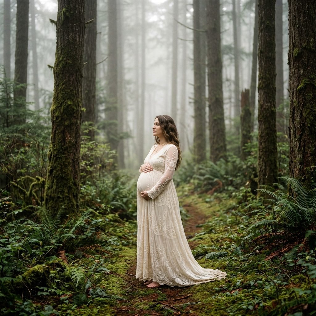 Ethereal Foggy Forest Outdoor Maternity Photoshoot Outfit And Pose Ideas