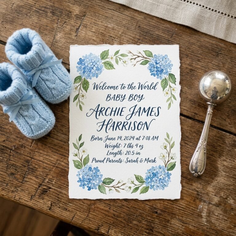 Hand-Painted Charm: Unique Custom Watercolor Birth Announcement Designs