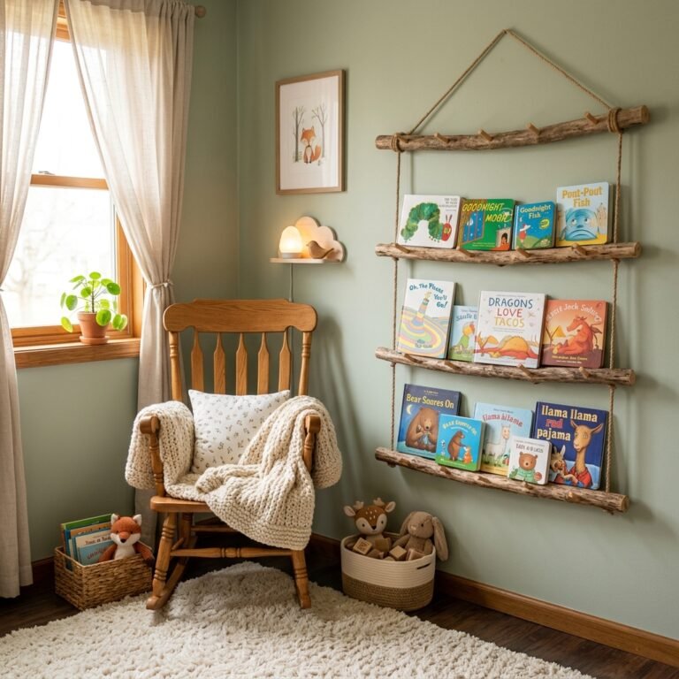 How to Build a DIY Rustic Tree Branch Book Display Wall Rack for Your Nursery