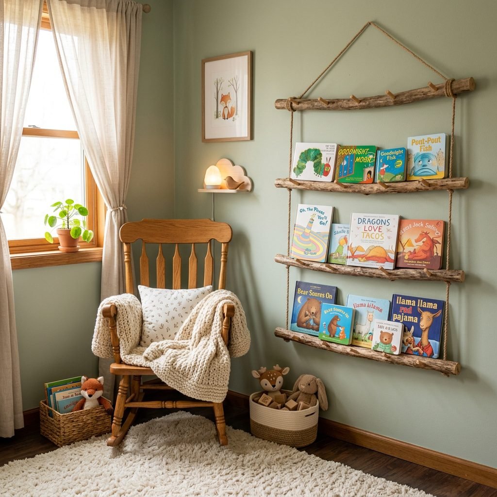 How to Build a DIY Rustic Tree Branch Book Display Wall Rack for Your Nursery