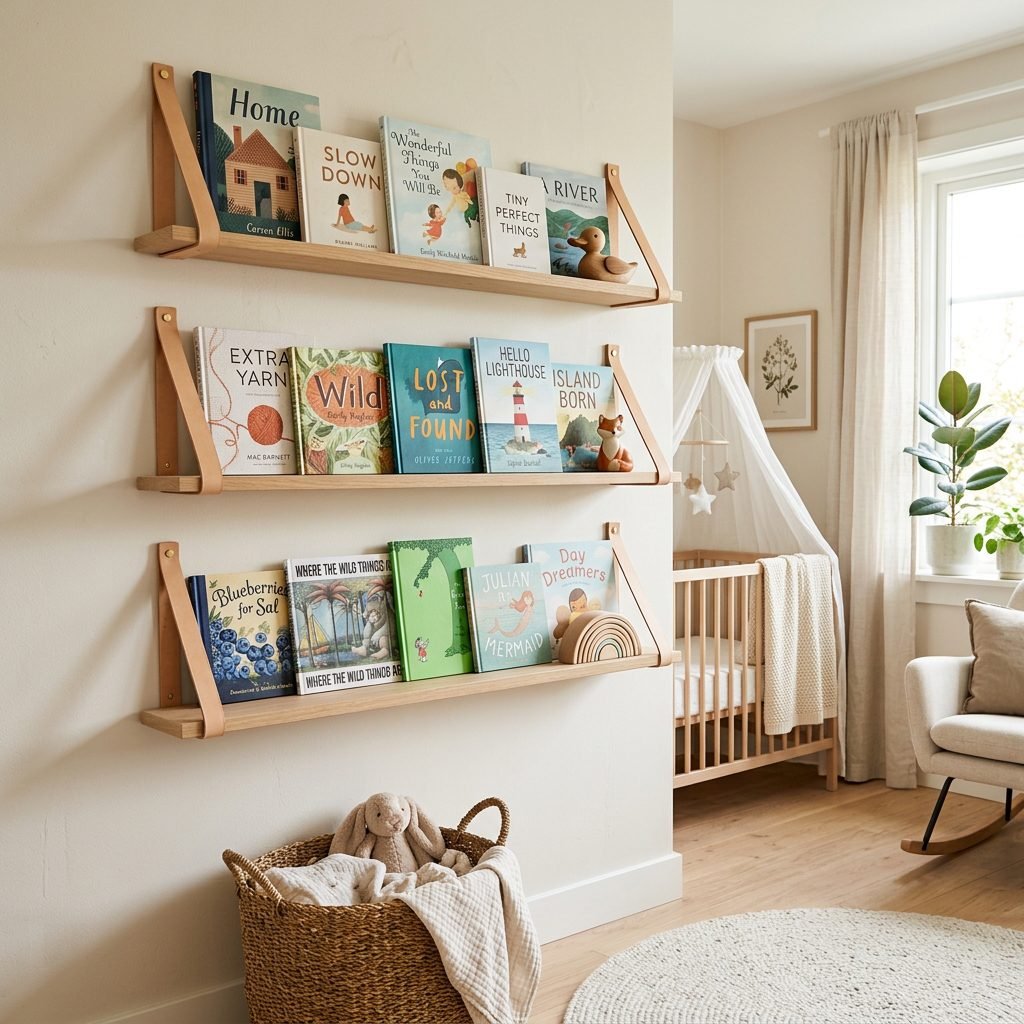 How to Build DIY Leather Strap Floating Bookshelves for a Modern Nursery