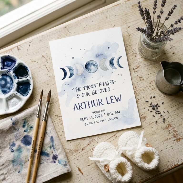 How to Design a Beautiful Watercolor Moon Phase Birth Announcement