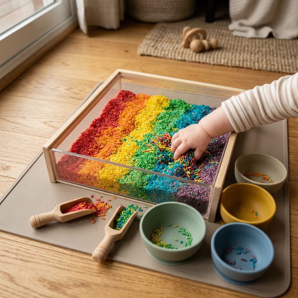How to Make a Non-Toxic Rainbow Rice Sensory Bin Your Baby Will Play With for Hours