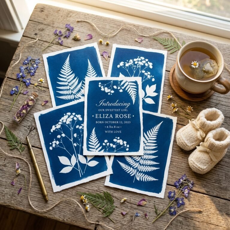 How to Make DIY Botanical Cyanotype Birth Announcement Cards at Home
