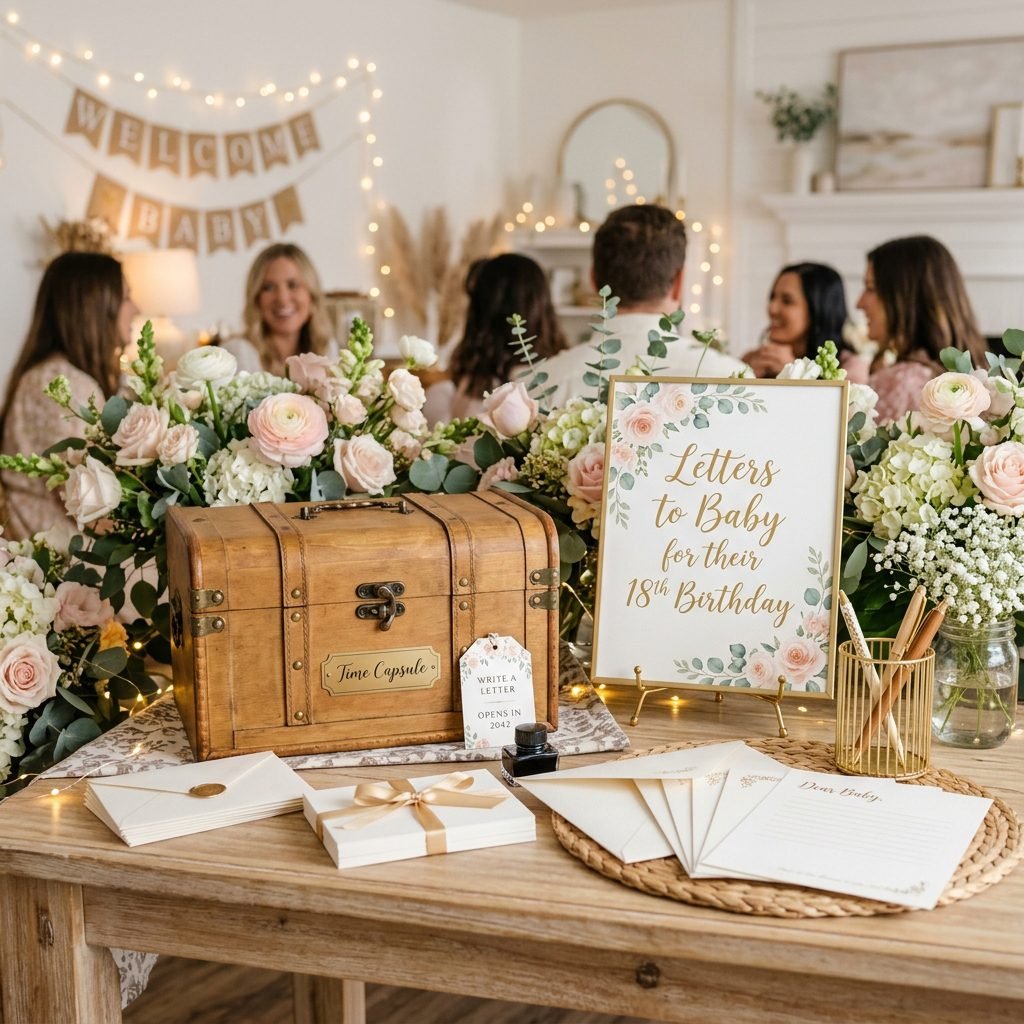 How to Set Up a Beautiful Time Capsule Letter Station for a Baby Shower Guest Book