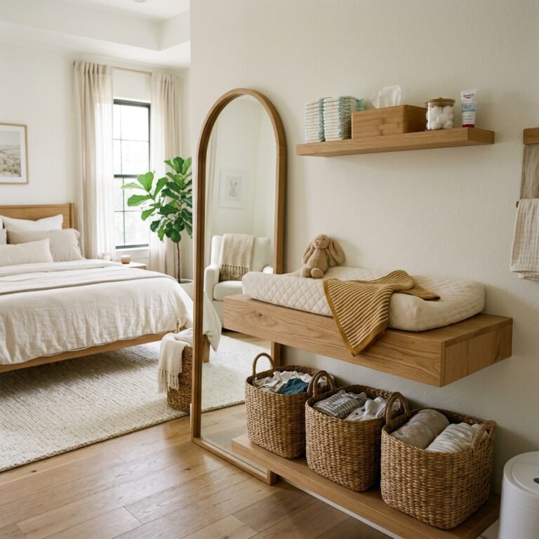 How to Set Up a Floating Shelf Changing Table in a Small Shared Master Bedroom