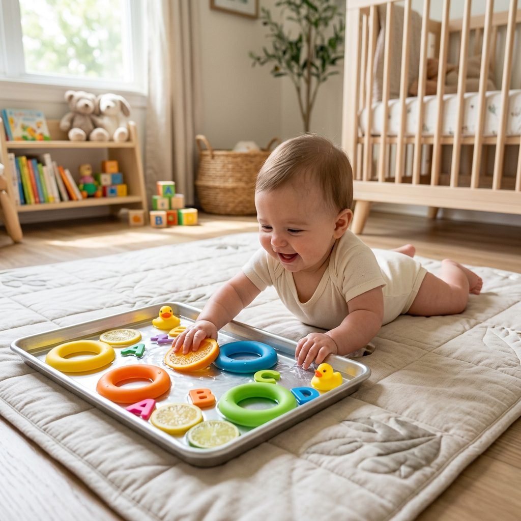 How to Set Up an Easy Water-Filled Baking Sheet Sensory Play Station for Infants