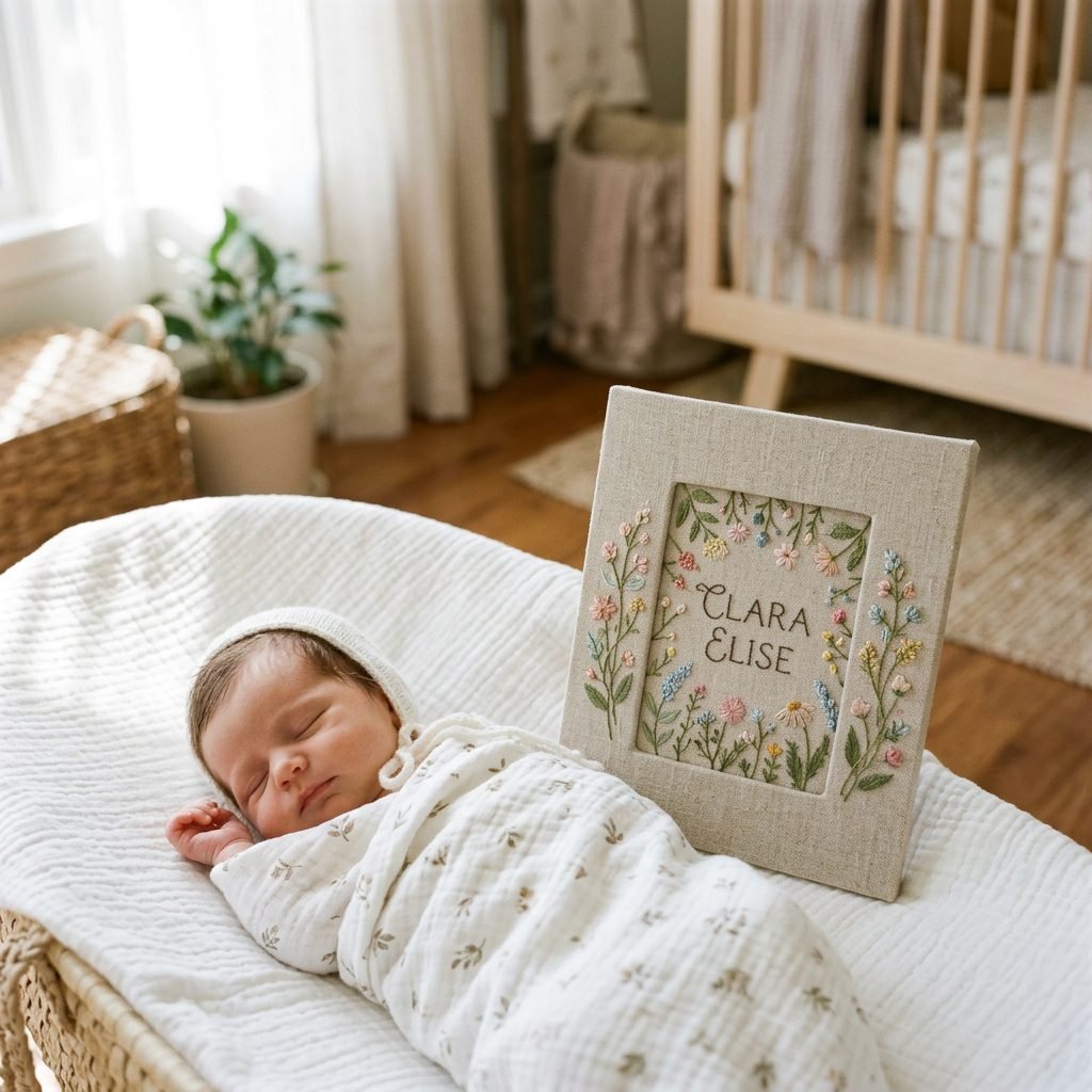 How to Style a Custom Embroidered Linen Frame for Your Birth Announcement Photo
