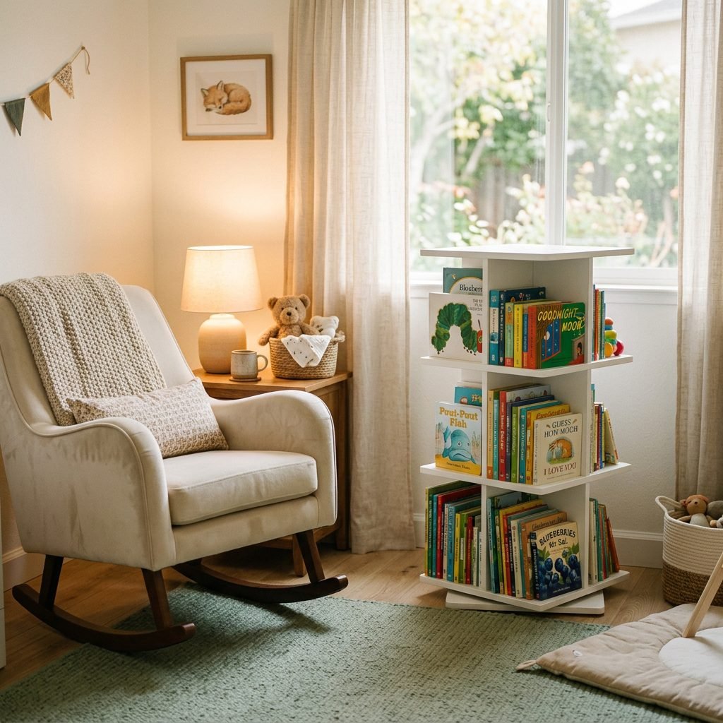 How to Style a Rotating Bookshelf to Save Space in Your Nursery Reading Corner