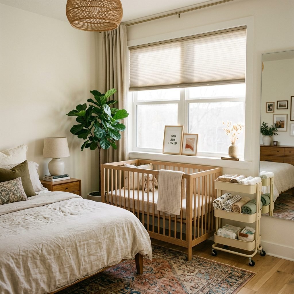 How to Style an Under-Window Mini Crib Nook in Your Master Bedroom