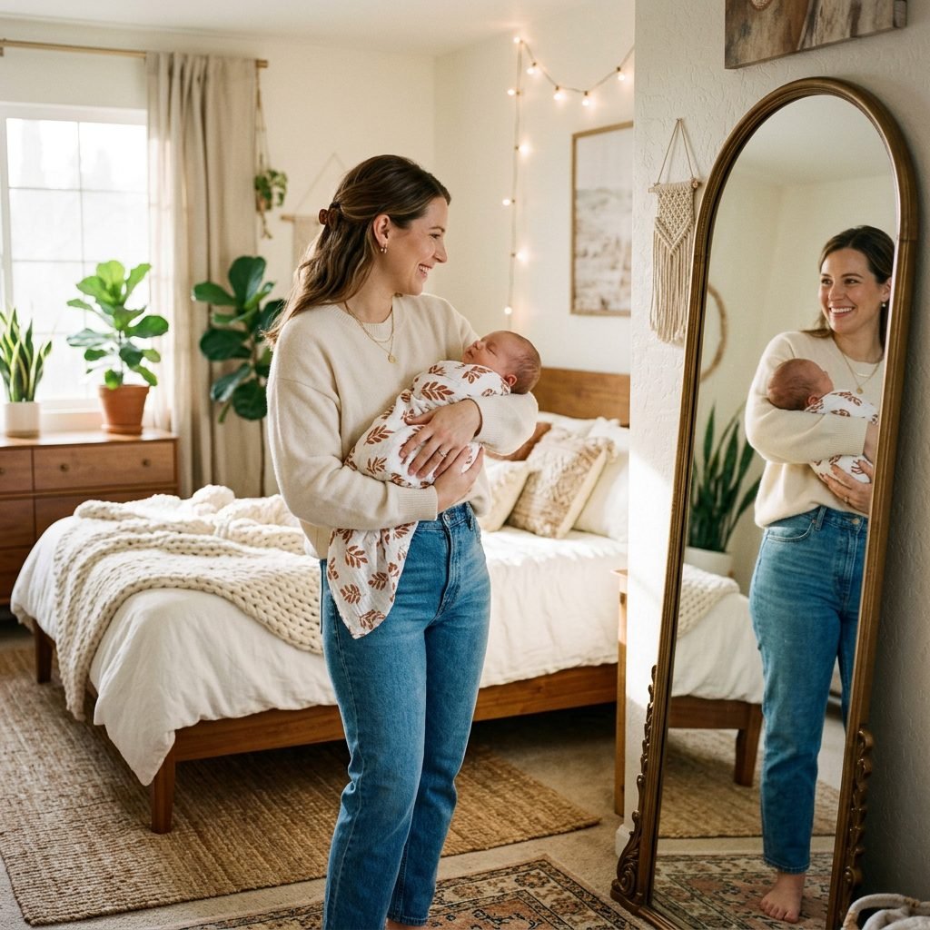 How To Style High-Waisted Postpartum Jeans To Feel Confident And Cozy