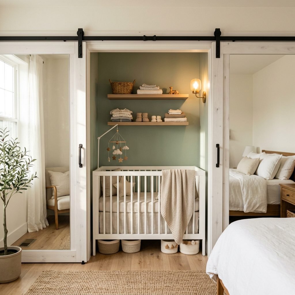 How to Turn a Master Bedroom Closet into a Cozy Crib Nook with Barn Doors