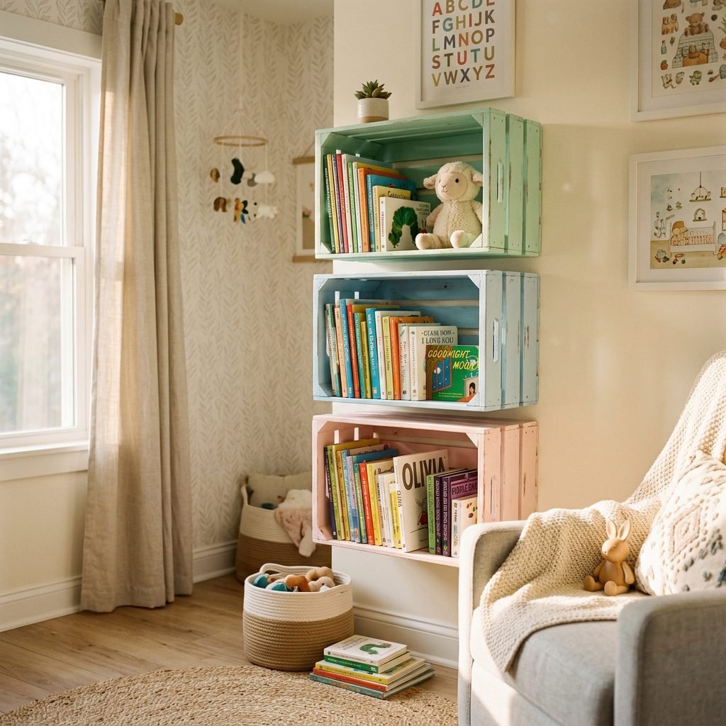 How to Turn Cheap Wooden Crates Into Whimsical Nursery Wall Bookshelves