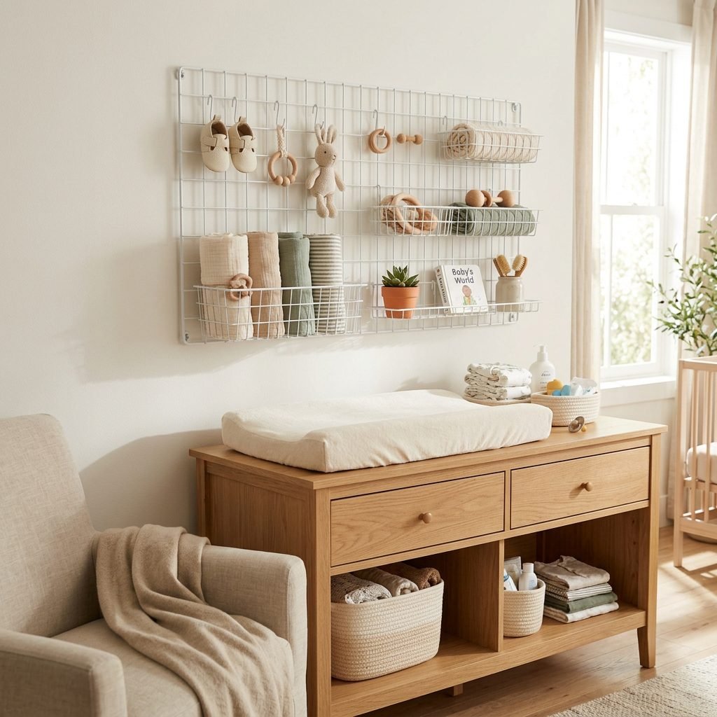 How to Use a Floating Metal Grid Wall Organizer to Save Space in Your Nursery