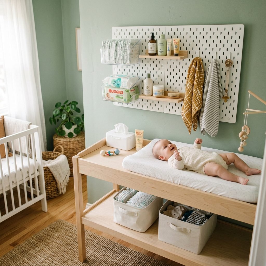 How to Use a Pegboard for Genius Baby Diaper Changing Station Storage