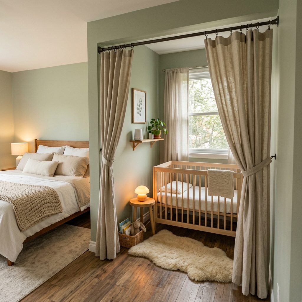 How to Use a Tension Rod Curtain to Create a Private Nursery Corner in Your Master Bedroom