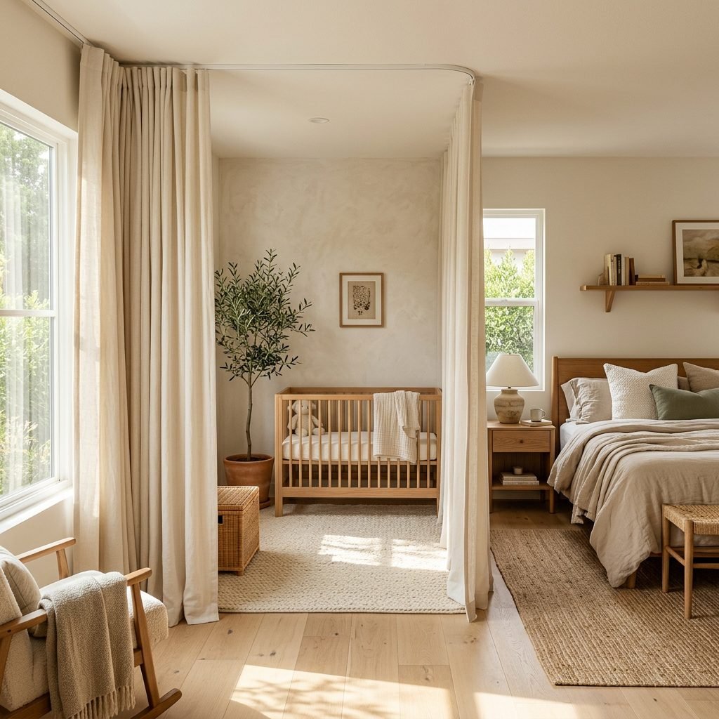 How to Use Ceiling Track Curtains to Create a Private Baby Nook in Your Bedroom