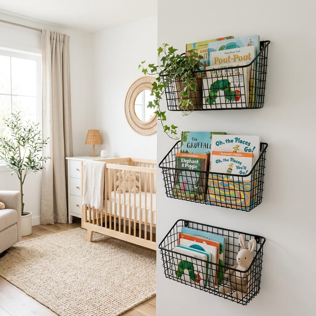 How to Use Metal Wire Hanging Baskets for Chic Nursery Book Storage