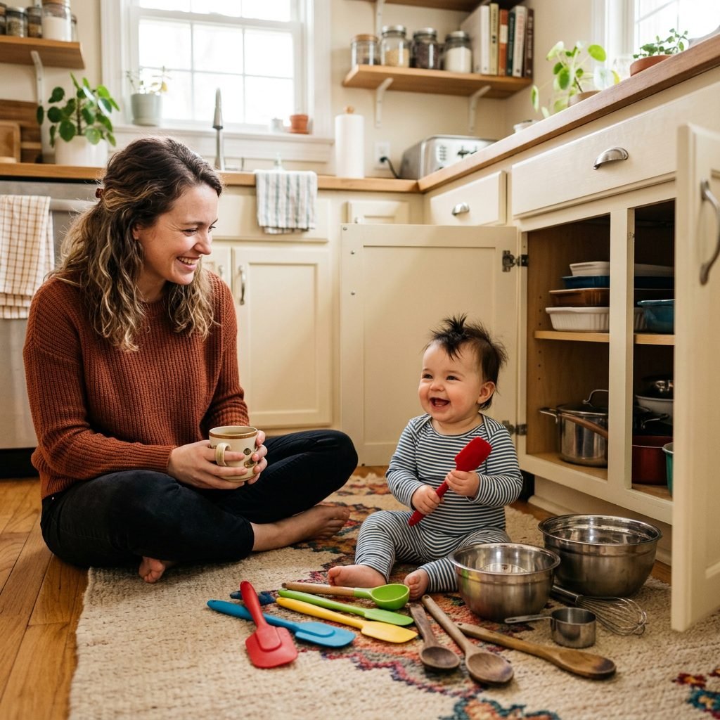 No-Prep Kitchen Cabinet Sensory Play Your Crawling Baby Will Love