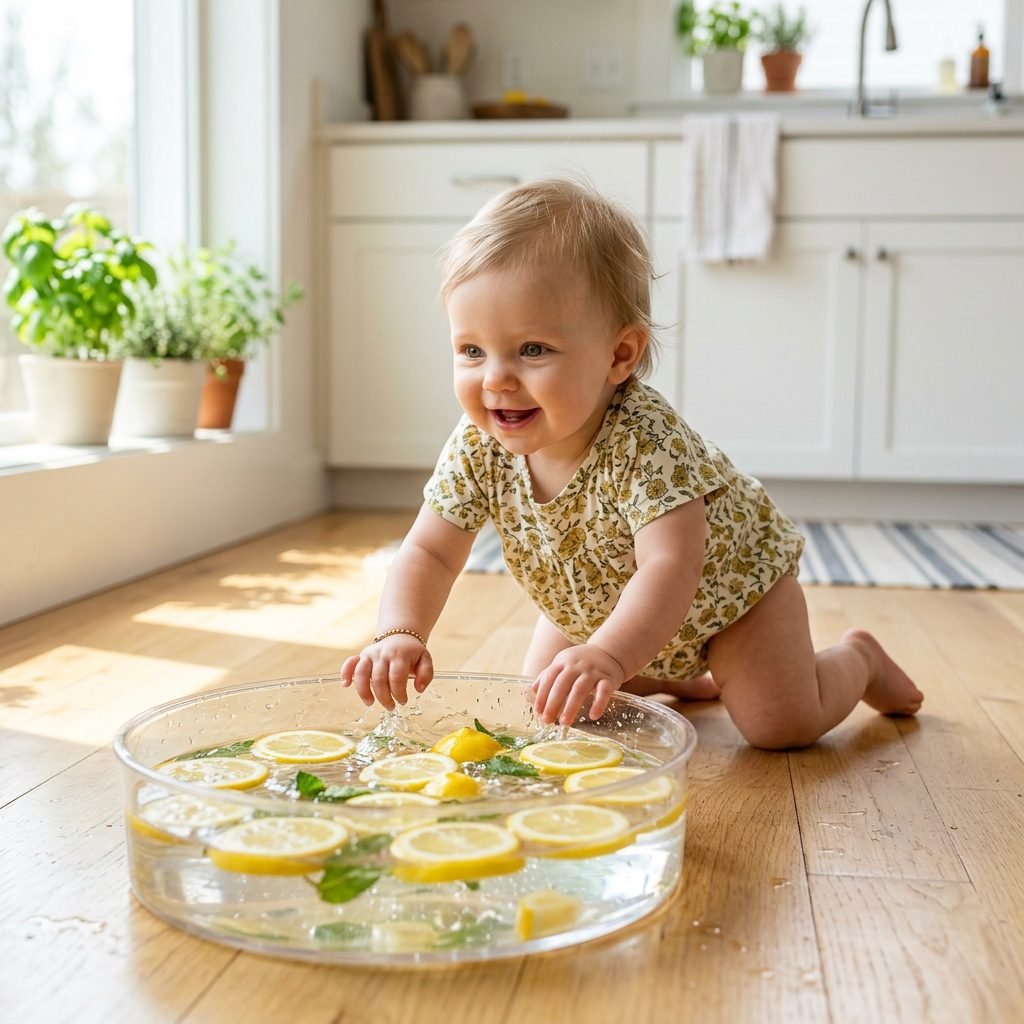 Quick and Easy Fresh Lemon Slice Sensory Water Play for Crawling Babies