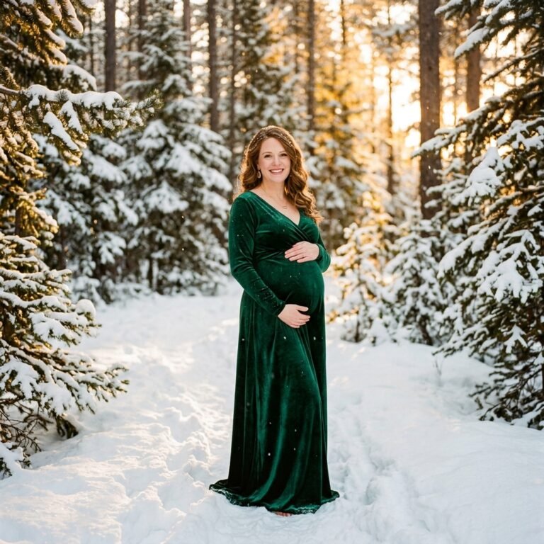 Stunning Winter Maternity Photos: How to Style a Velvet Maxi Dress