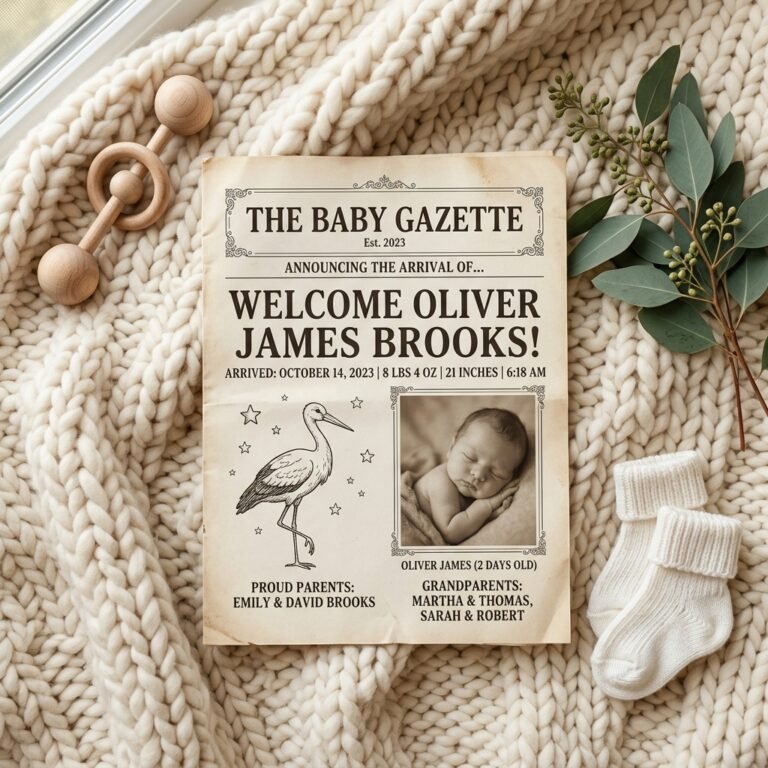 The Cutest Newspaper Style Printed Birth Announcement Template You Can Edit Today
