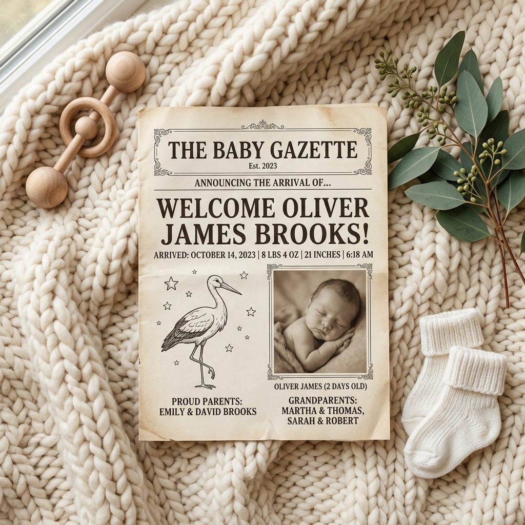 The Cutest Newspaper Style Printed Birth Announcement Template You Can Edit Today