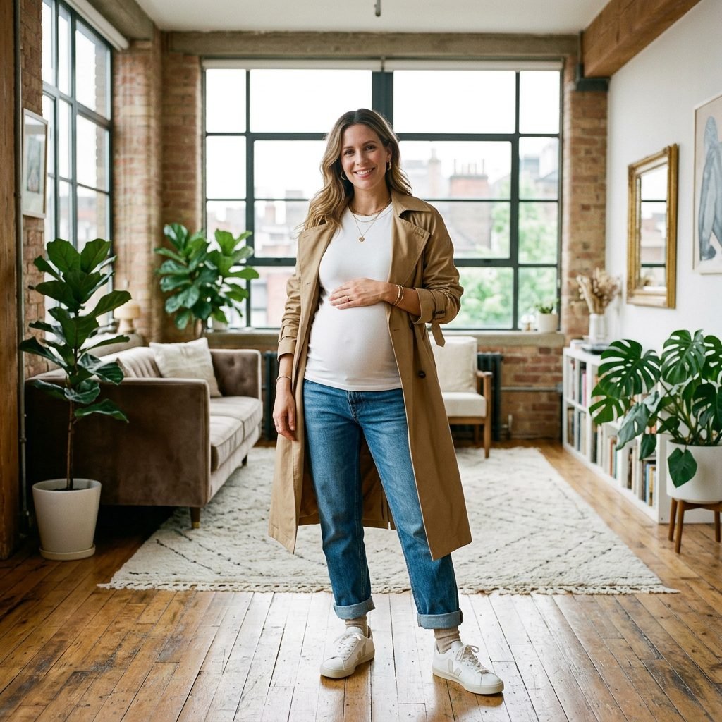 The Easiest Ways to Style Boyfriend Jeans with a Growing Baby Bump