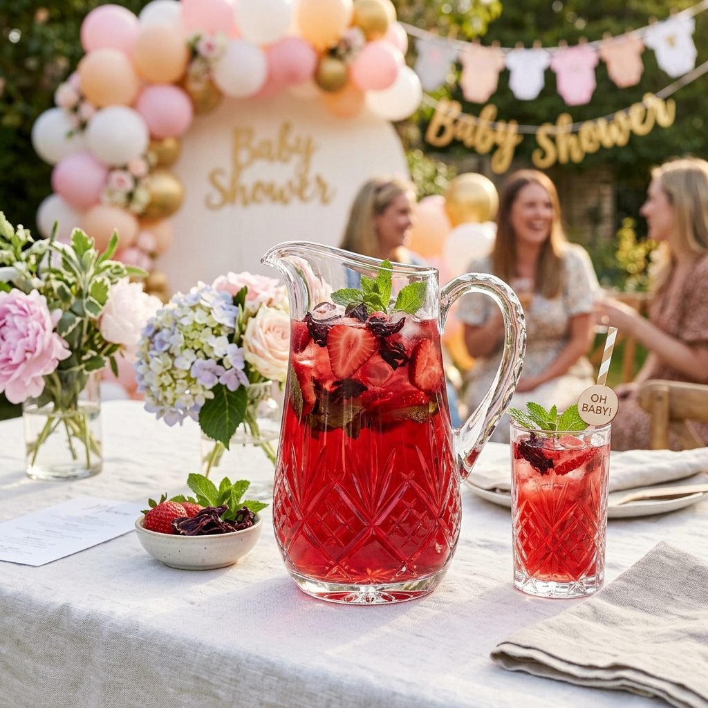 This Strawberry Hibiscus Baby Shower Mocktail Pitcher Will Be the Star of the Party