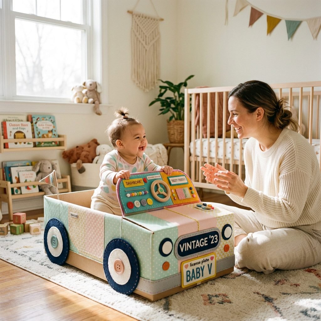 Turn a Cardboard Box into a Sensory Play Car for Your 7-Month-Old