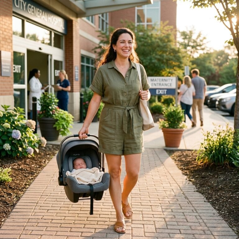Why a Linen Button-Up Romper is the Ultimate Chic Postpartum Going Home Outfit